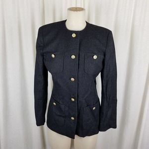 Saville Wool Collarless Jacket Blazer Womens 4 Charcoal Gray Crest Buttons USA